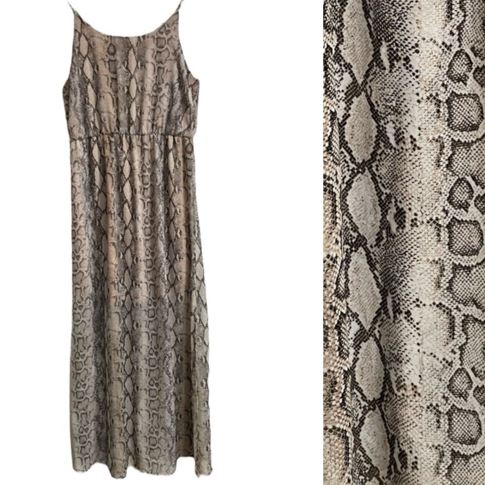 MTS Snake Print Dress Tan Lining Half Skirt Under Sheer Top Dress Size L
